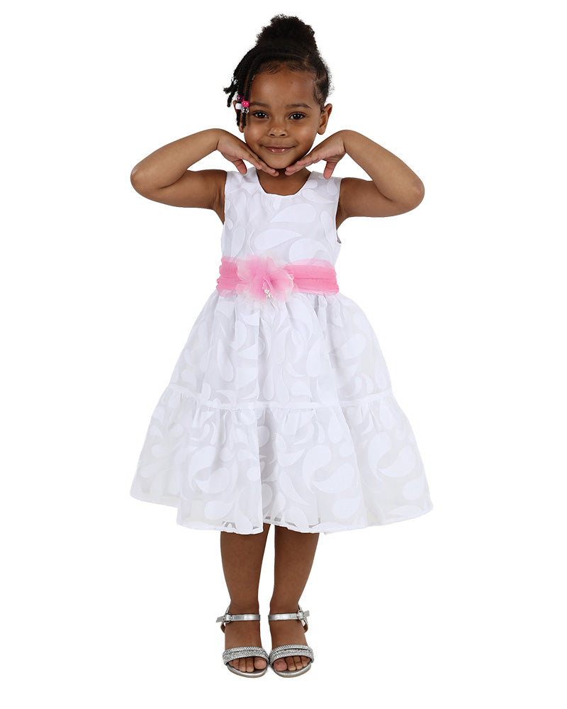 Sleeveless White Floral Burnout Belted Party Dress