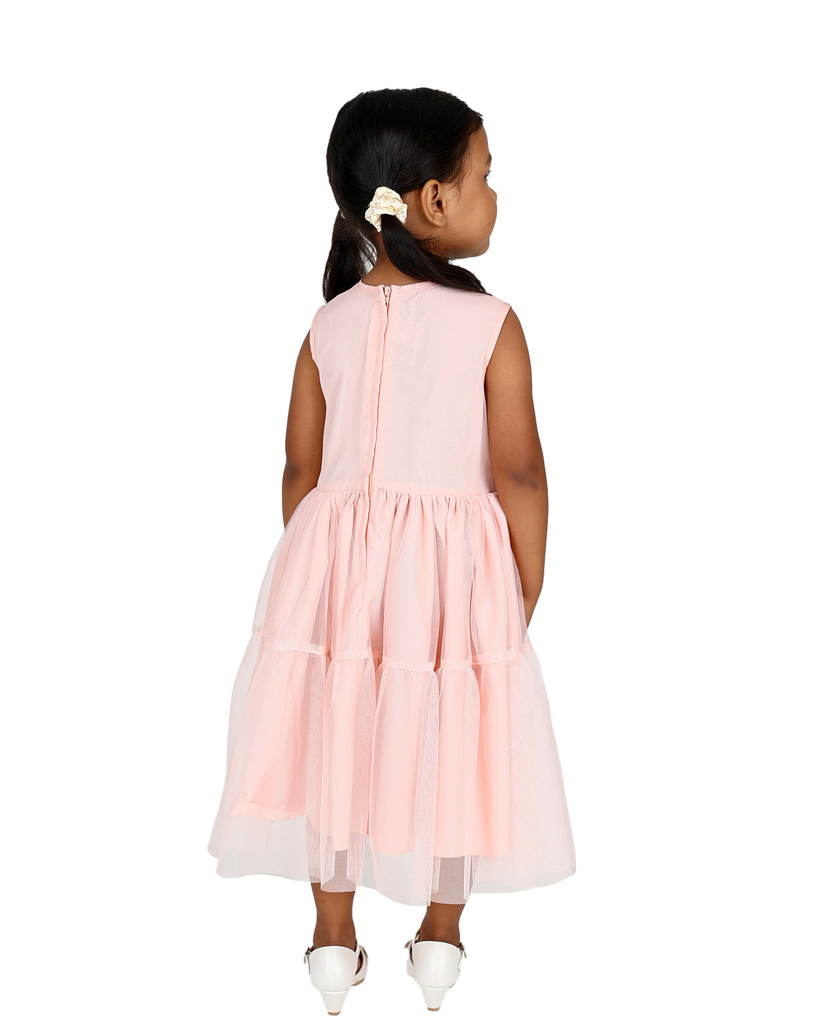 Sleeveless Peach 3D Rose Detail Tiered Tulle Party Dress