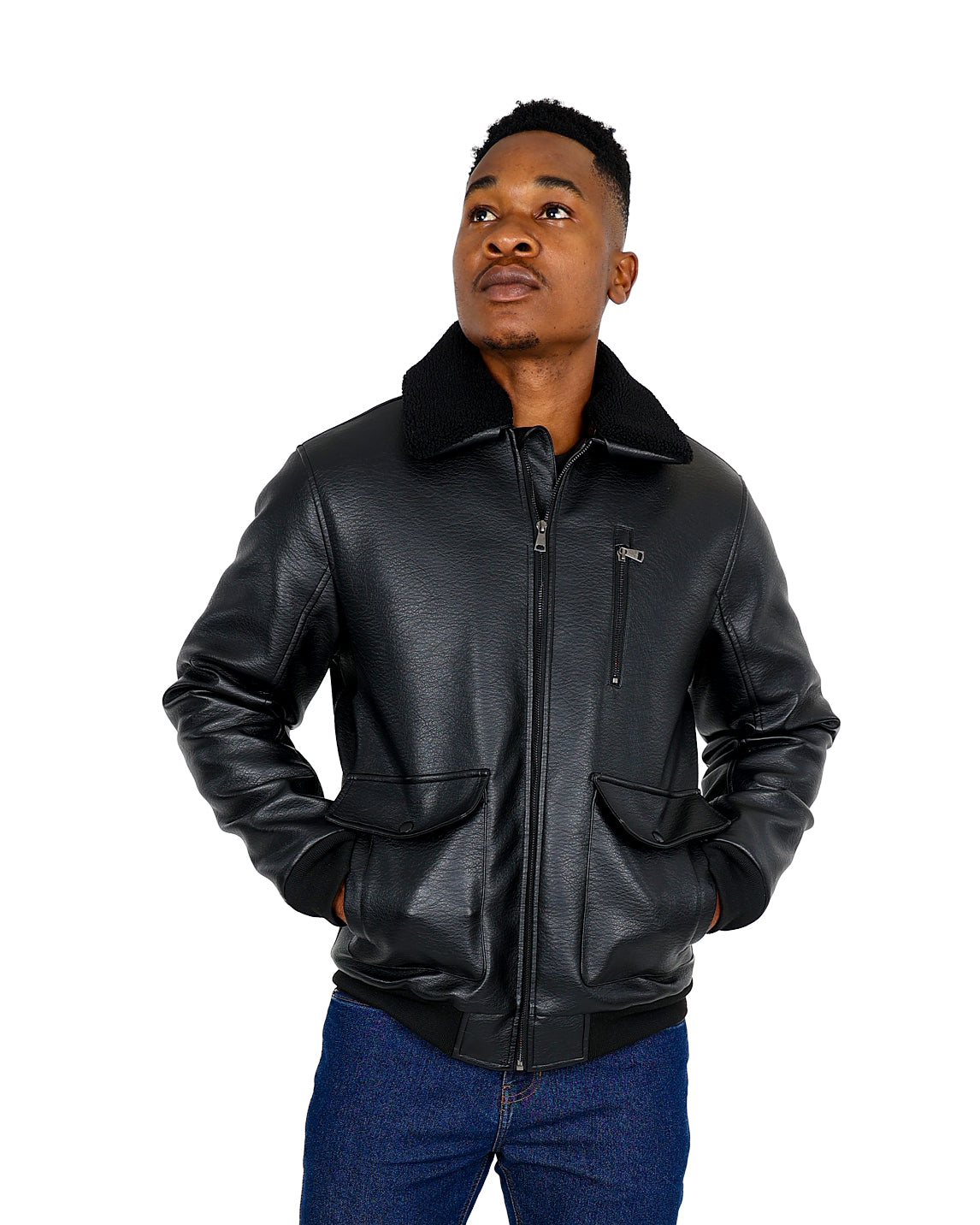 Black Leather-Look Borg Collar Bomber Jacket