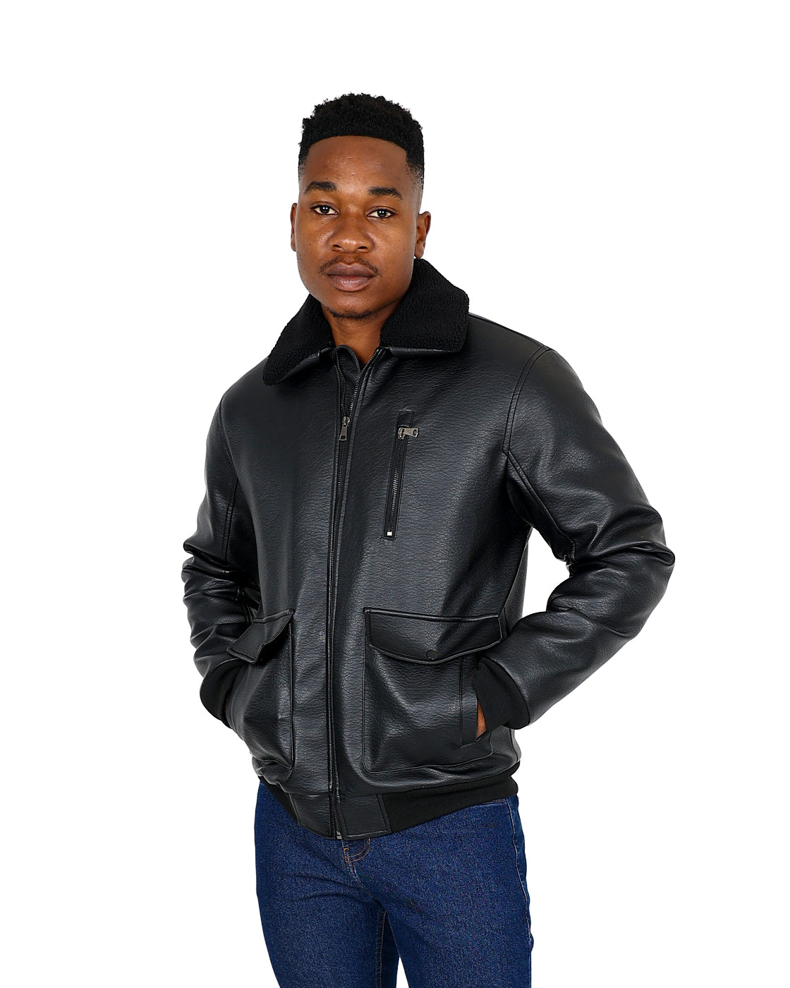 Black Leather-Look Borg Collar Bomber Jacket
