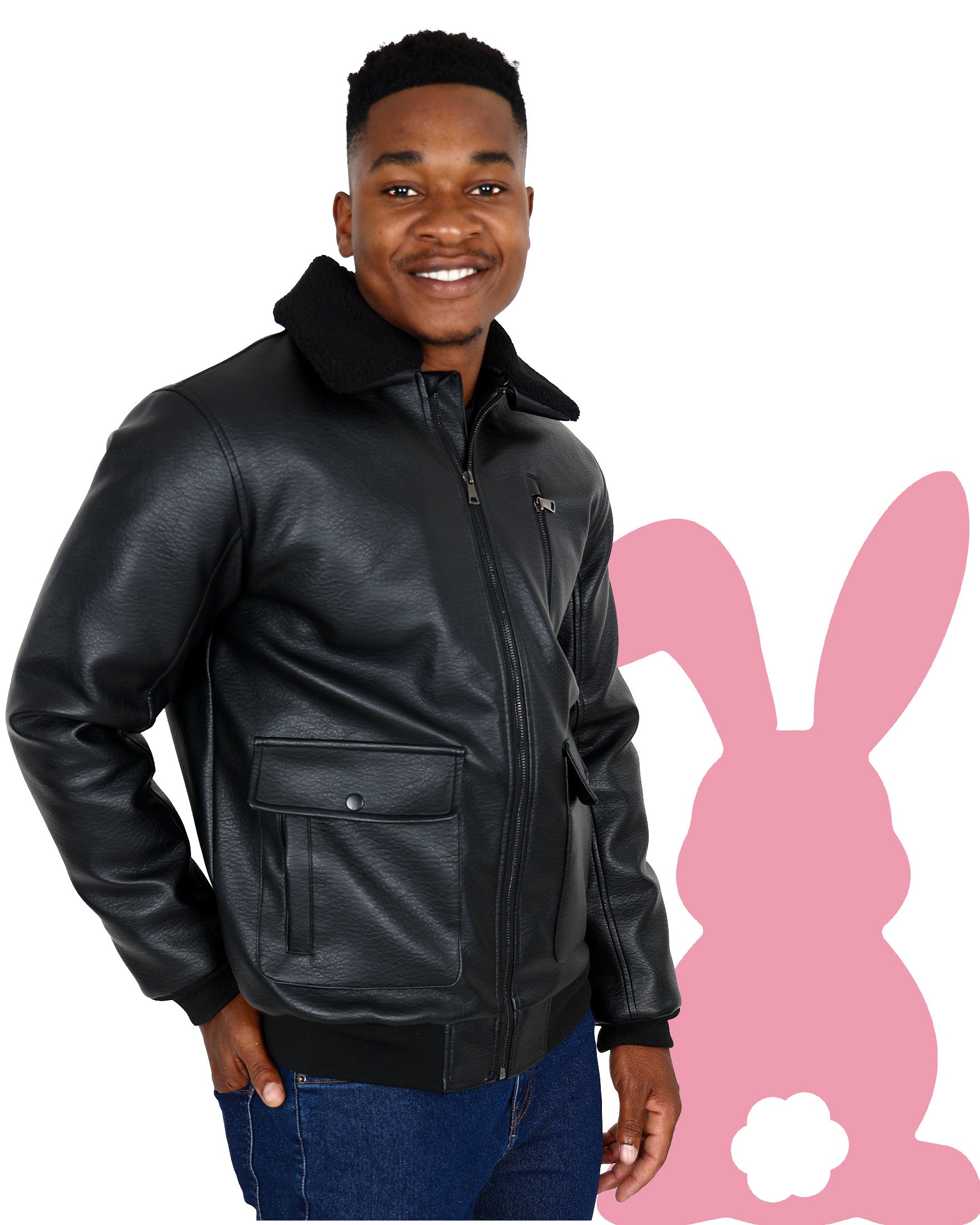 Black Leather-Look Borg Collar Bomber Jacket