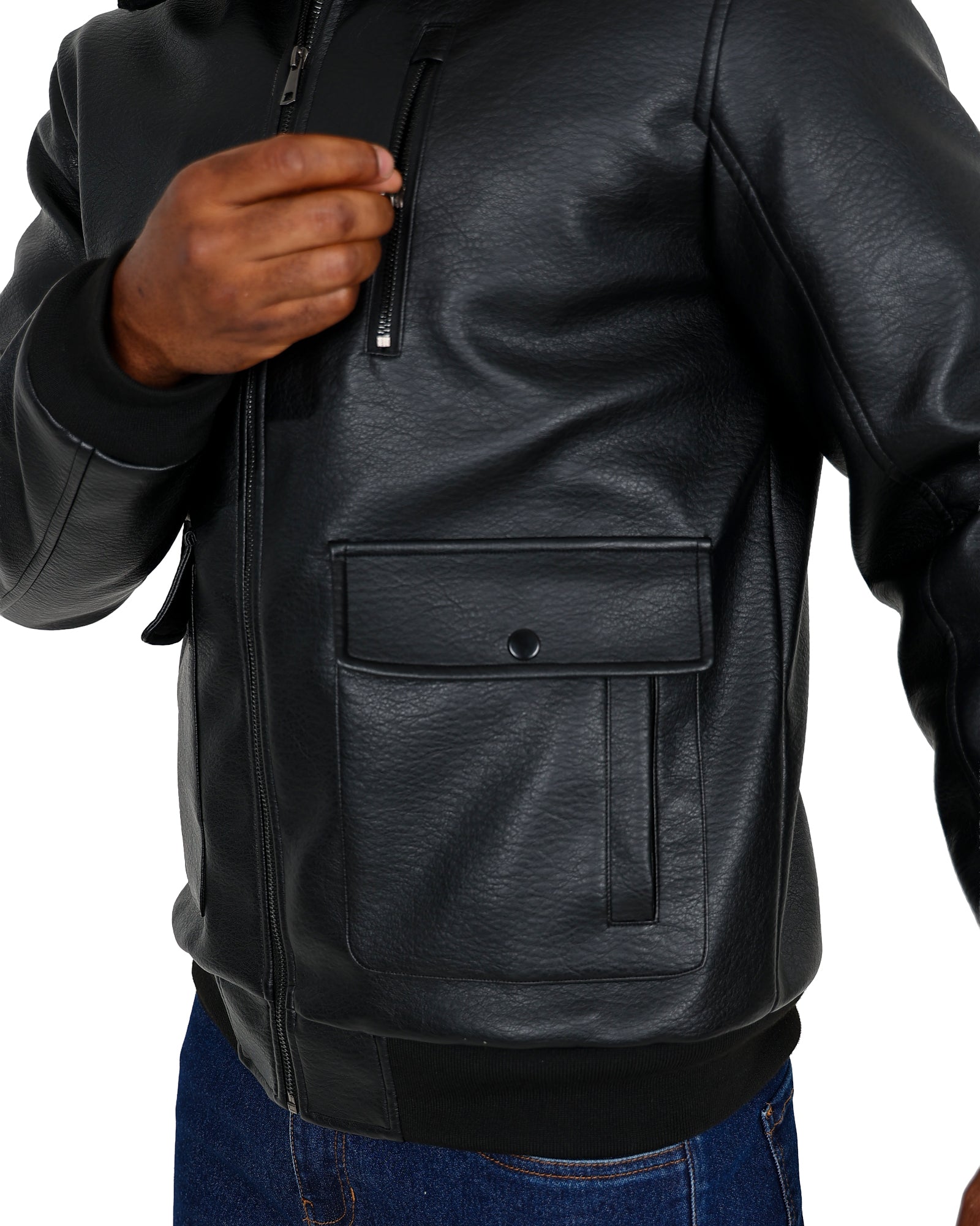 Black Leather-Look Borg Collar Bomber Jacket