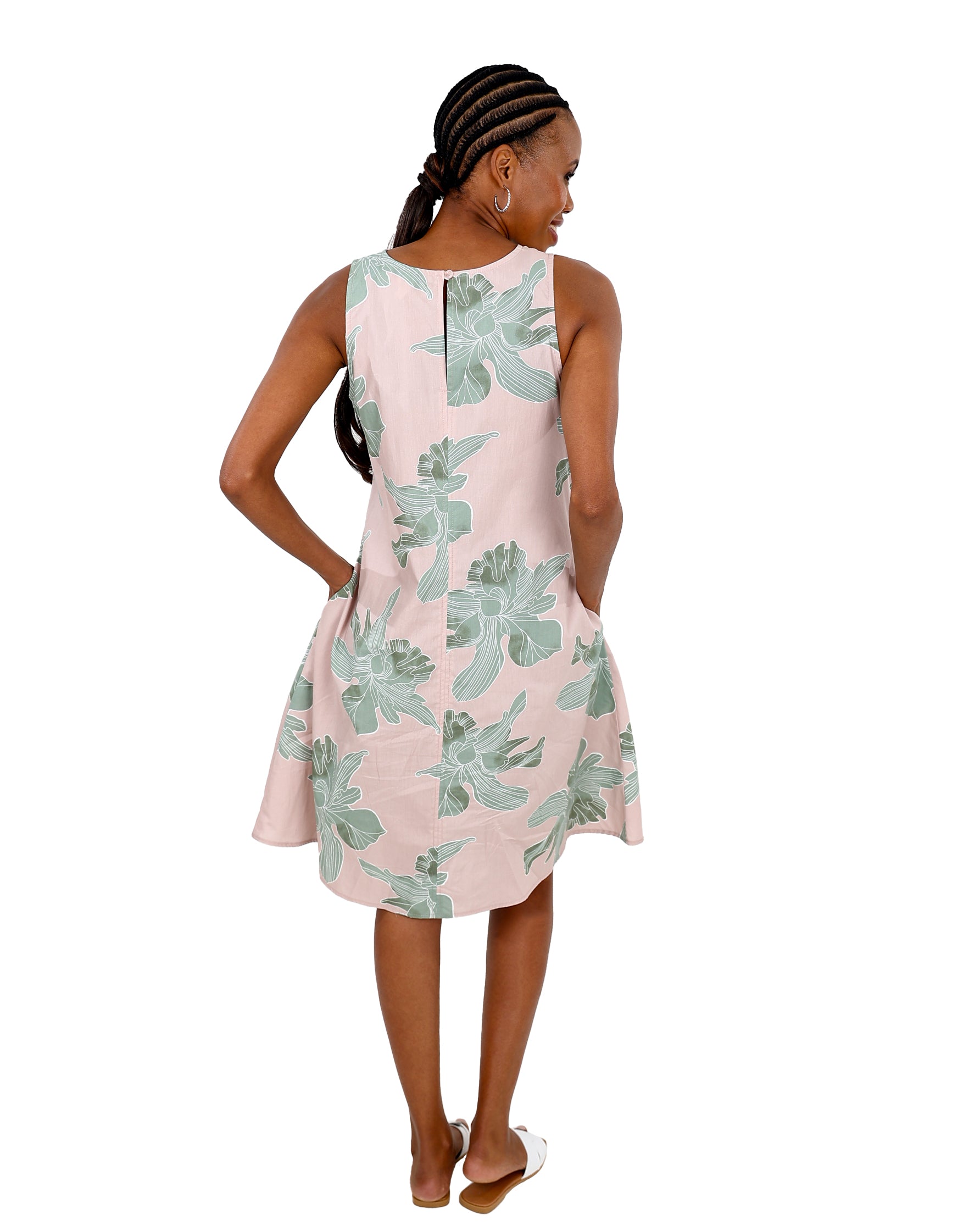 Sleeveless Blush Abstract Leaf Print Swing Dress