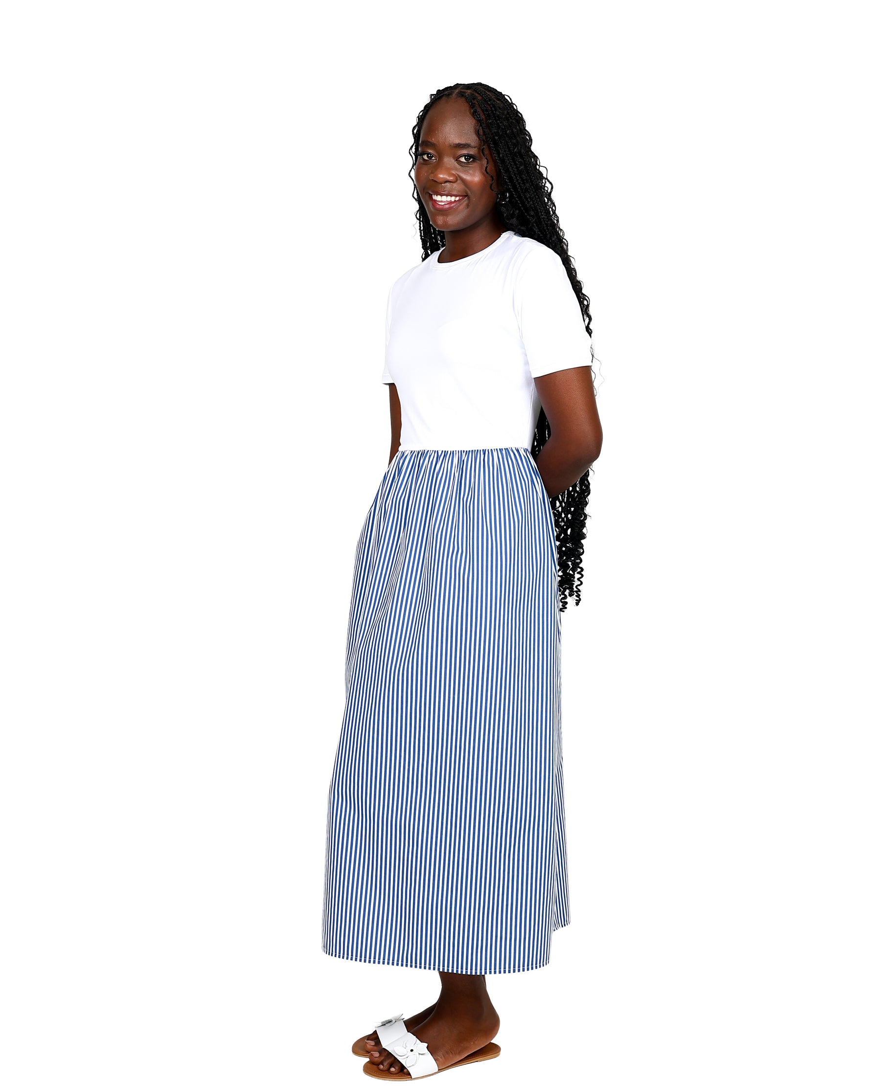 Blue & White Striped Combo Short Sleeve Maxi Dress