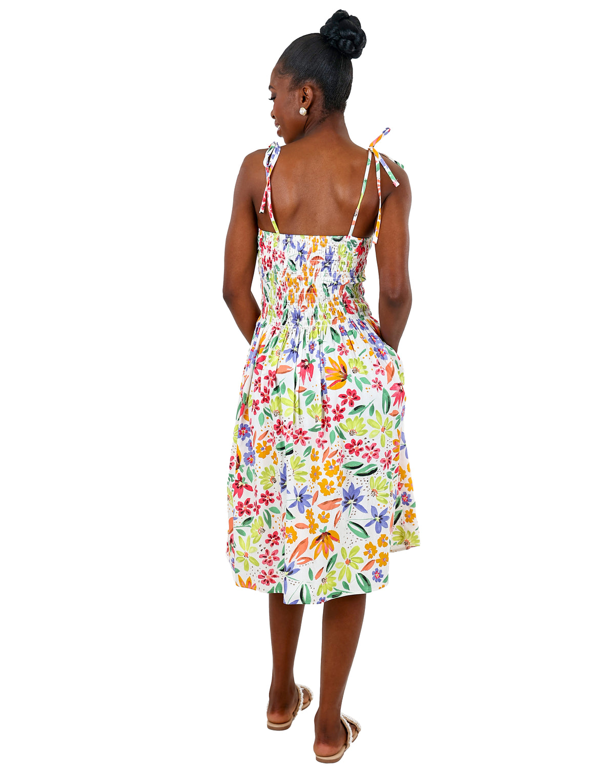 Strappy Smocked Floral Knee Length Dress