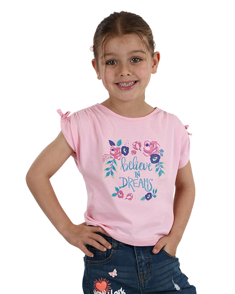 Short Ruched Sleeve Believe In Dreams Graphic Print T-Shirt