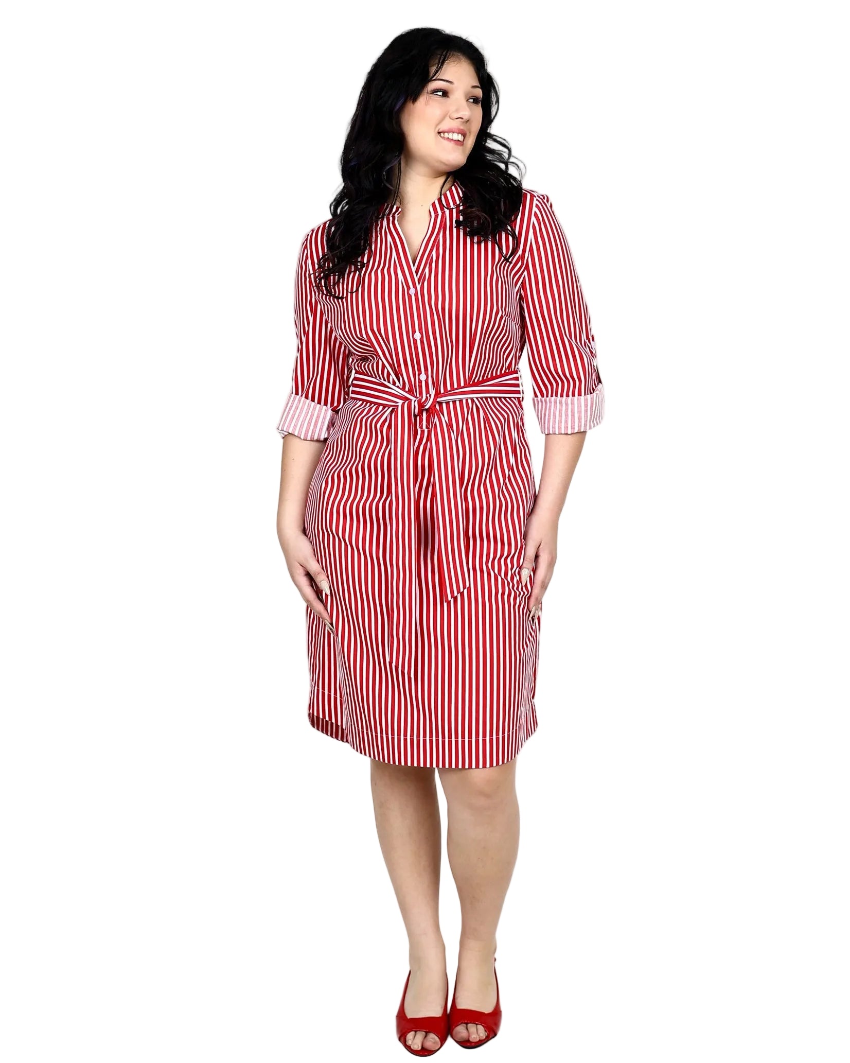 Red & White Striped Long Sleeve Button Through Shirt Dress