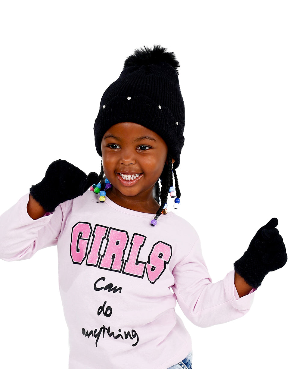 Black Diamante Embellished Pompom Beanie