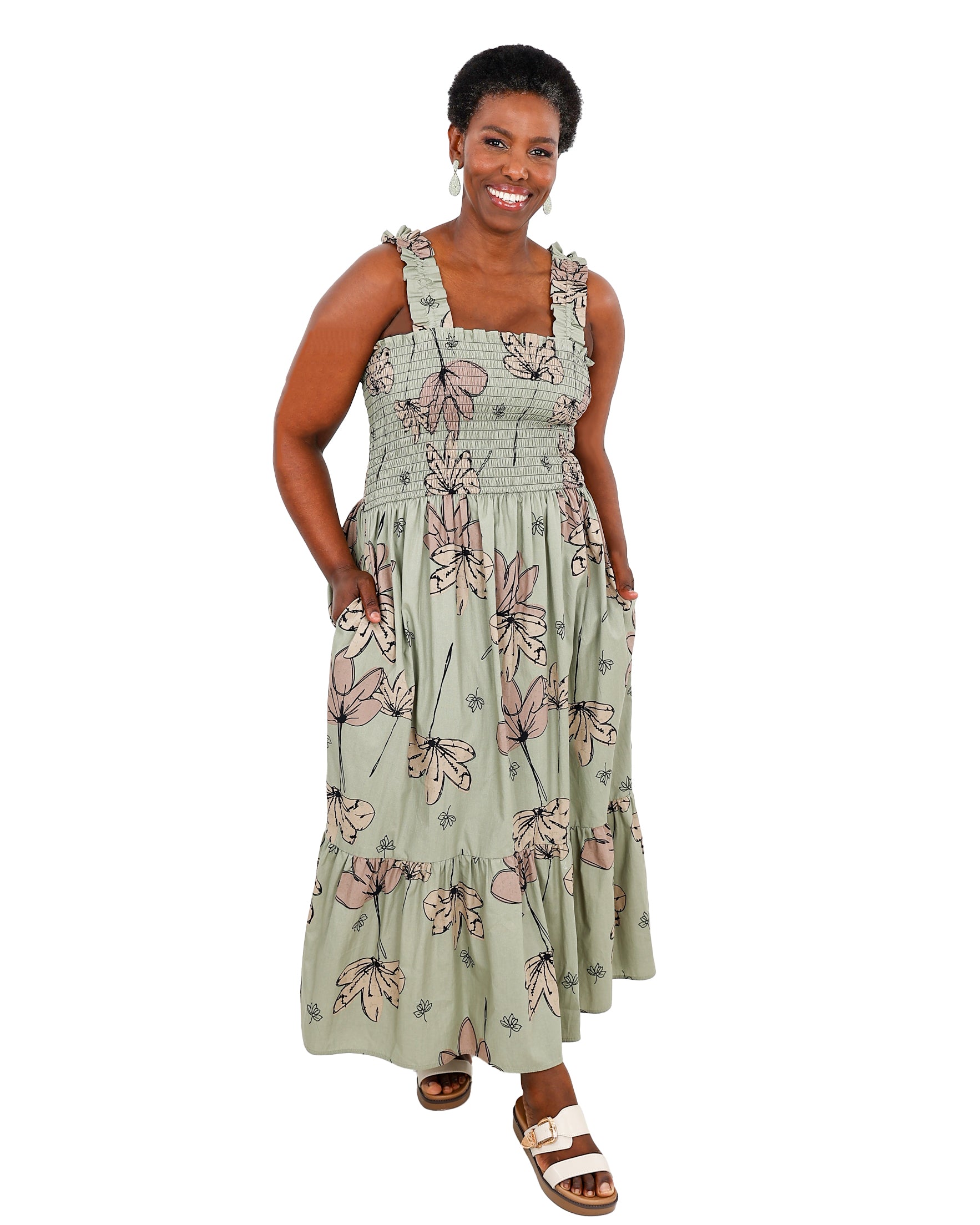 Strappy Floral Print Smocked Maxi Dress