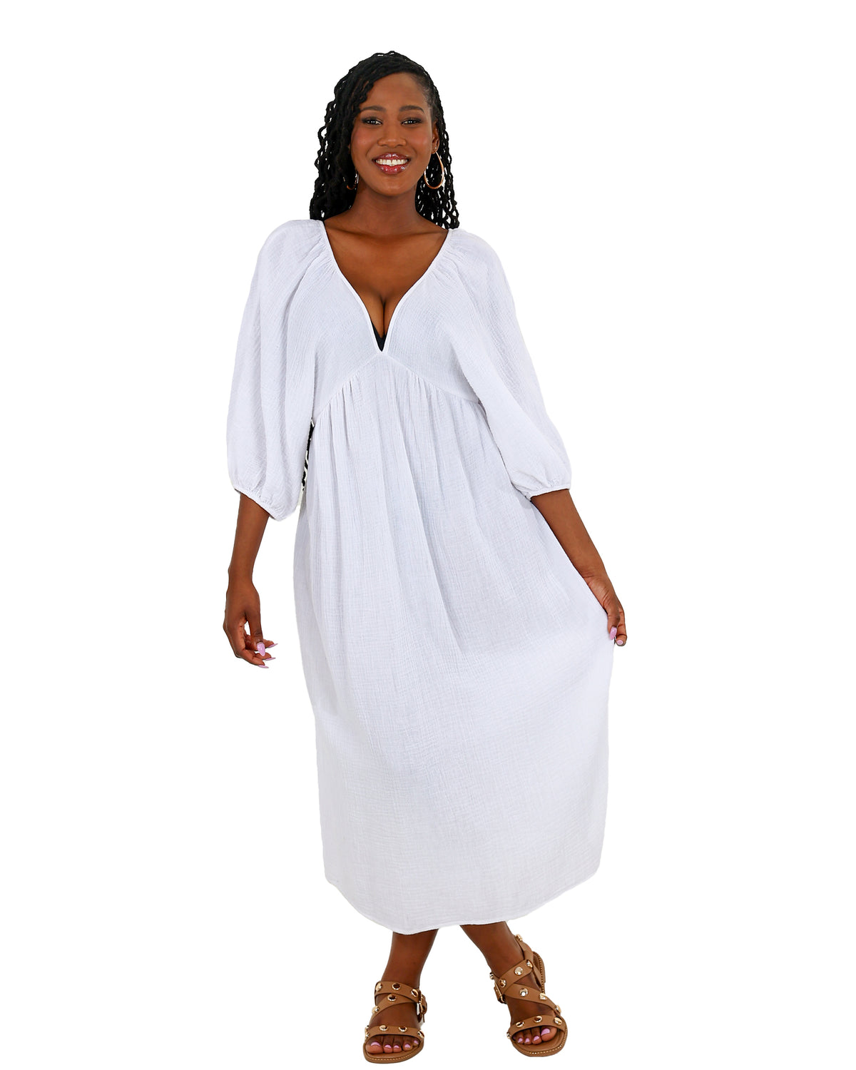 3/4 Sleeve White Muslin Kaftan