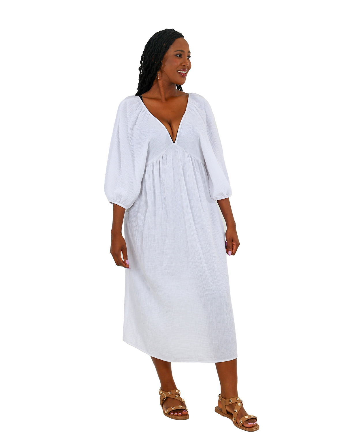 3/4 Sleeve White Muslin Kaftan