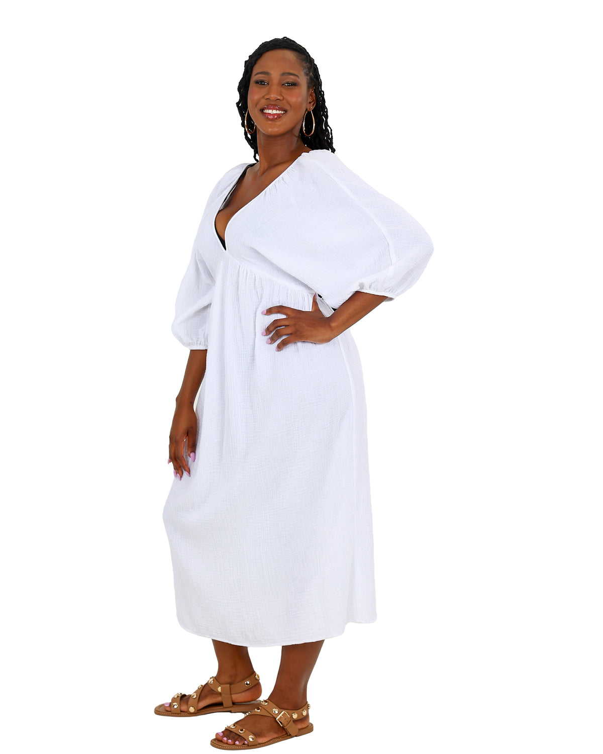 3/4 Sleeve White Muslin Kaftan