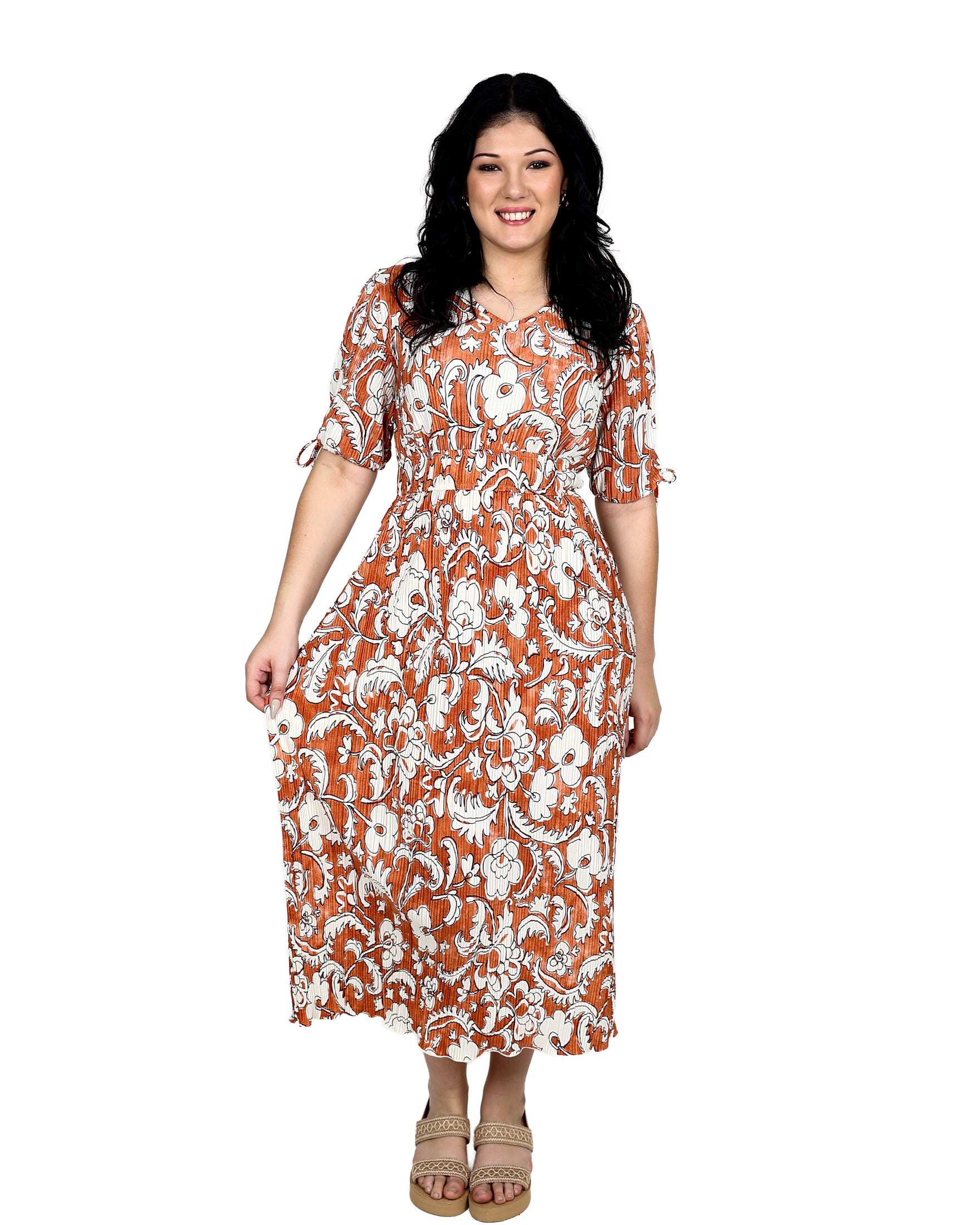 Short Sleeve Printed Plisse Midi Dress