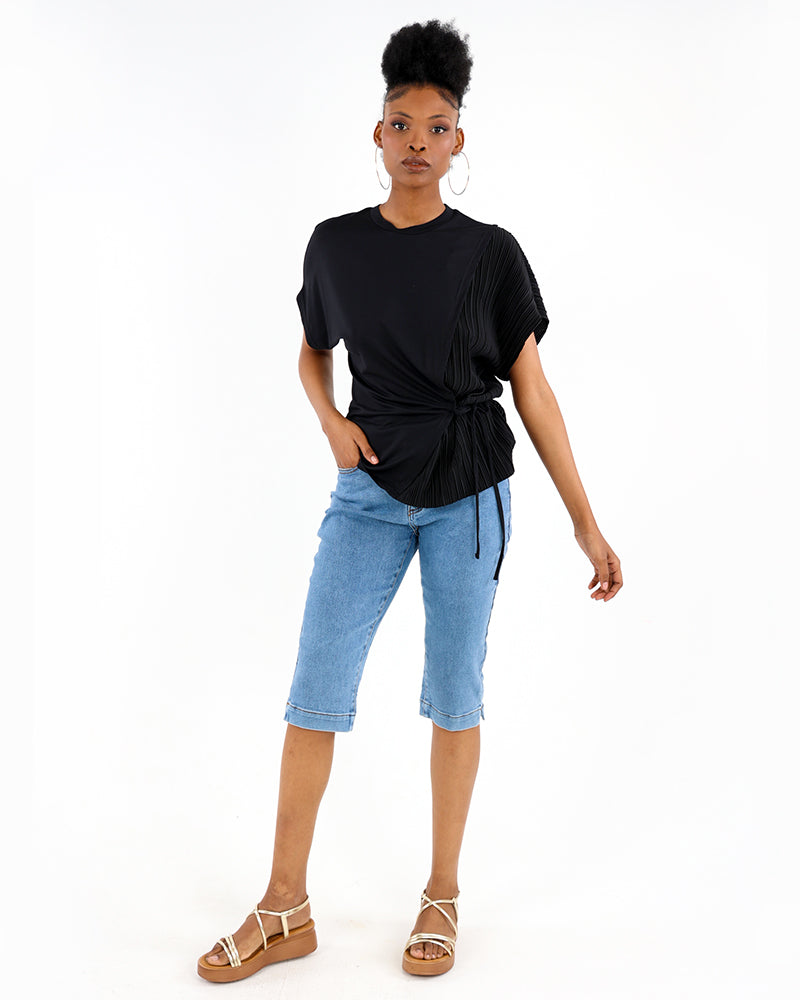 Short Sleeve Pleated Inset Side Tie Blouse