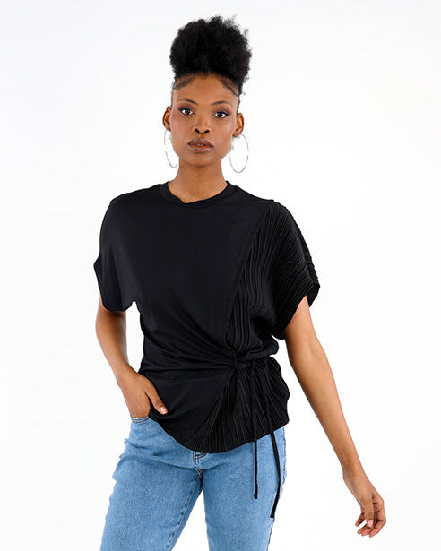Short Sleeve Pleated Inset Side Tie Blouse