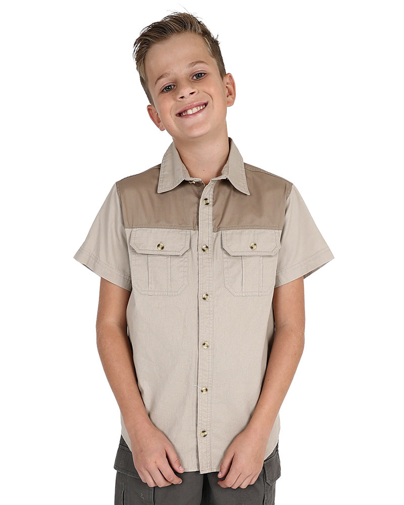 Okavango Short Sleeve Stone & Olive Colour Block Shirt
