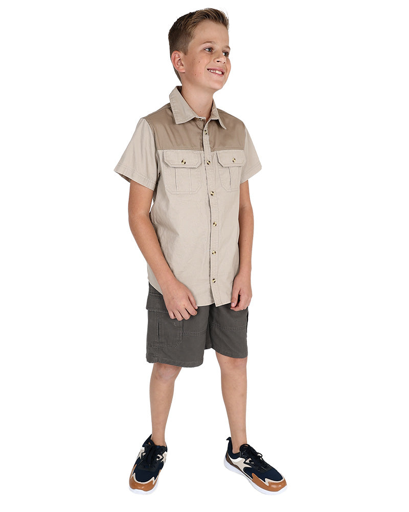 Okavango Short Sleeve Stone & Olive Colour Block Shirt