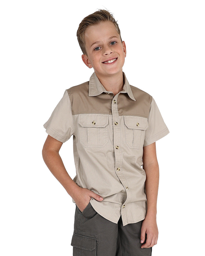 Okavango Short Sleeve Stone & Olive Colour Block Shirt