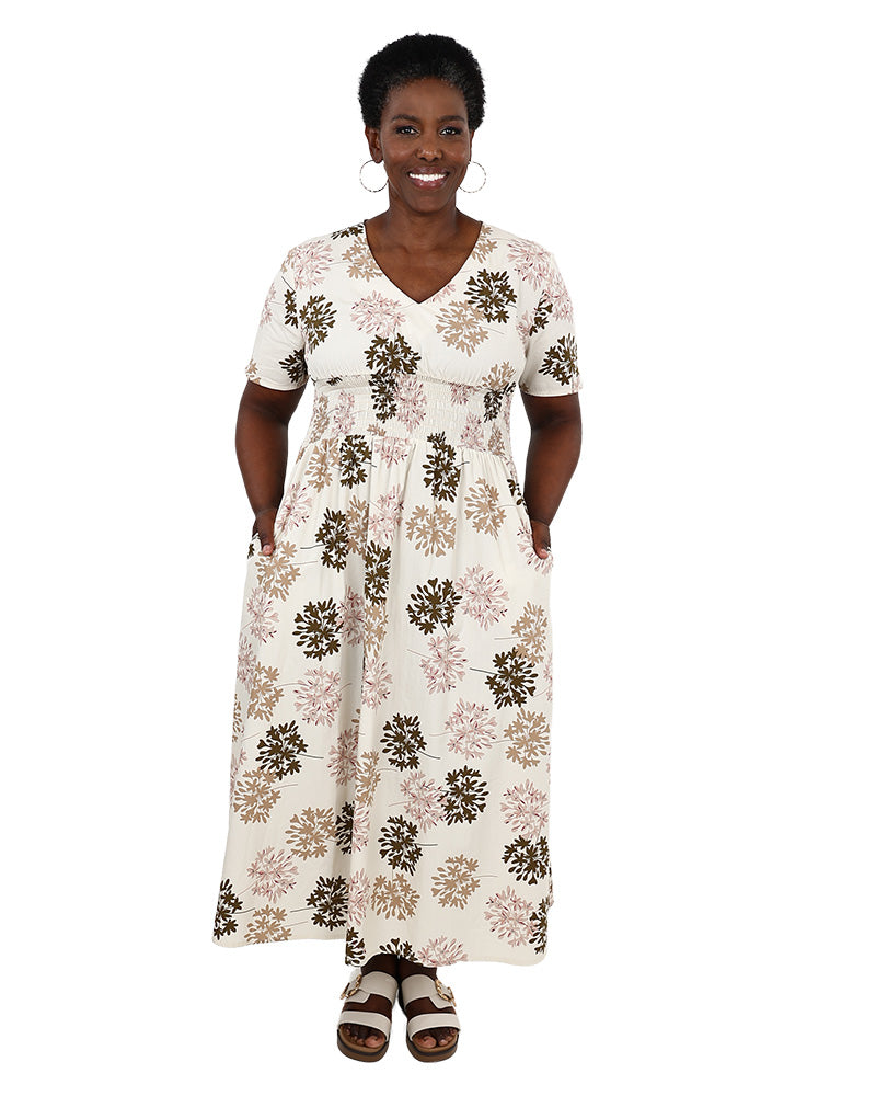 Short Sleeve Printed Smocked Waist Maxi Dress