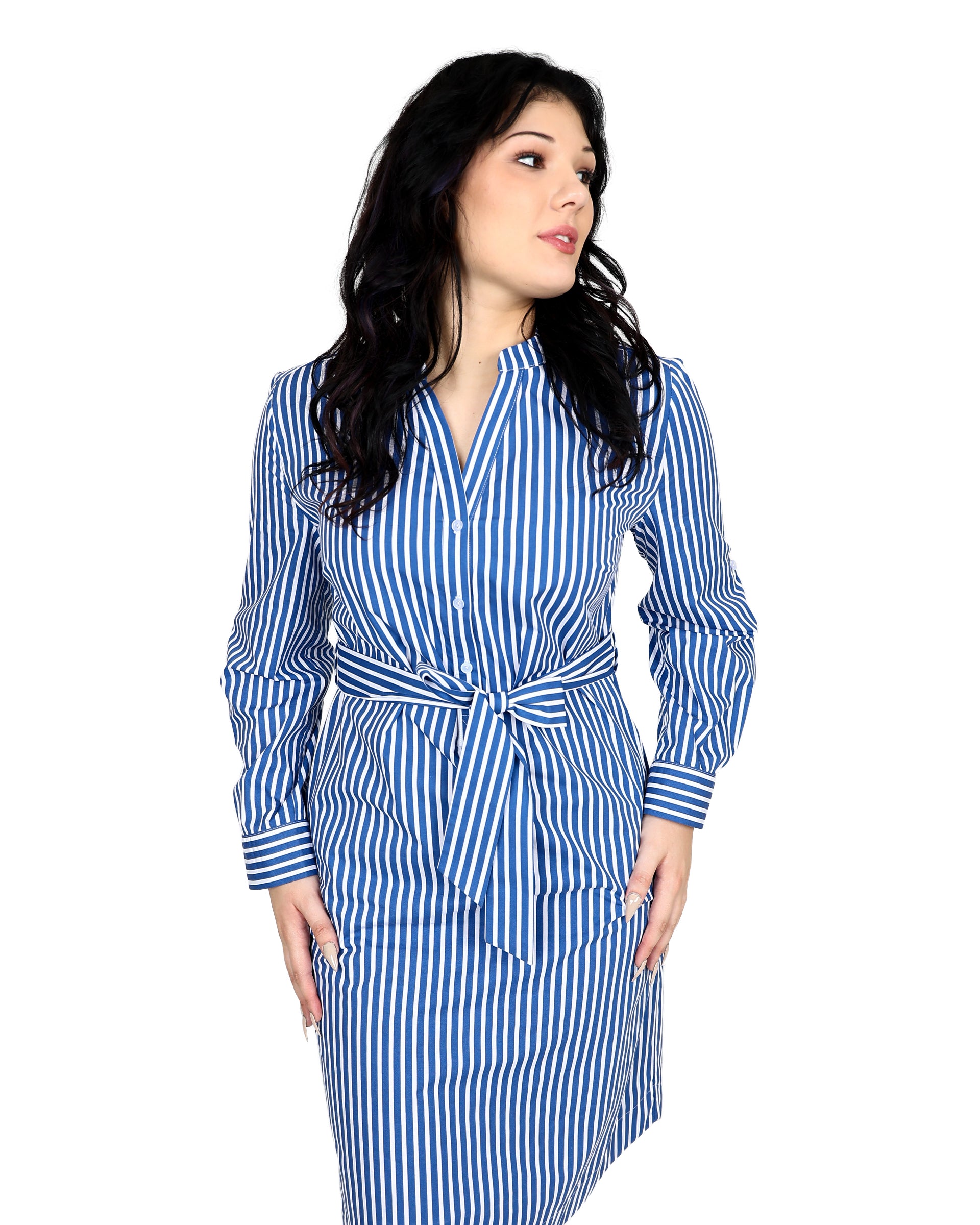 Blue & White Striped Long Sleeve Button Through Shirt Dress