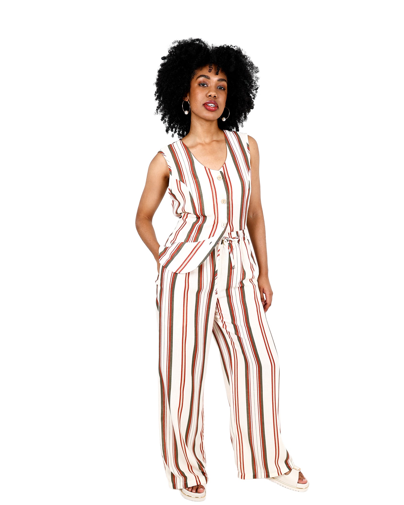 Stripe Pull Up Drawcord Wide Leg Pants