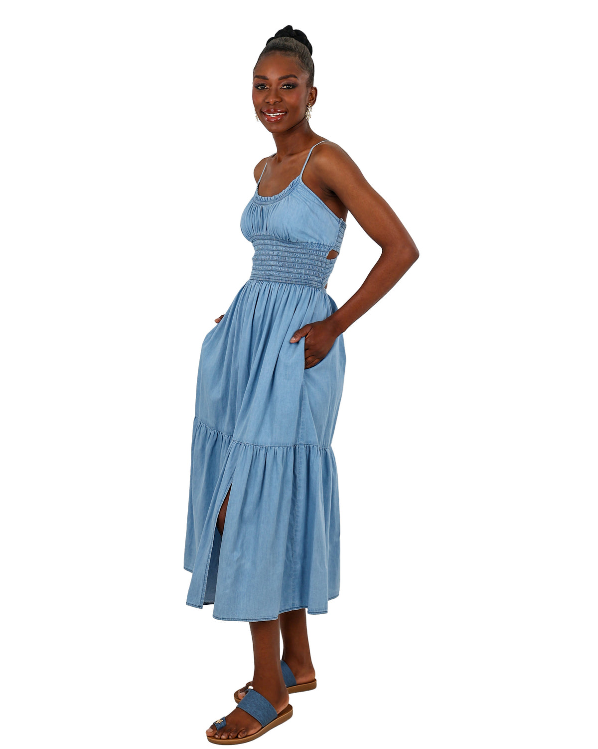 Strappy Smocked Denim Midi Dress
