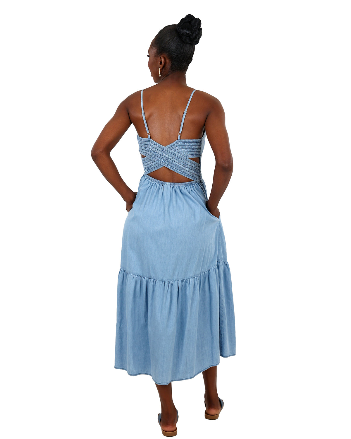 Strappy Smocked Denim Midi Dress