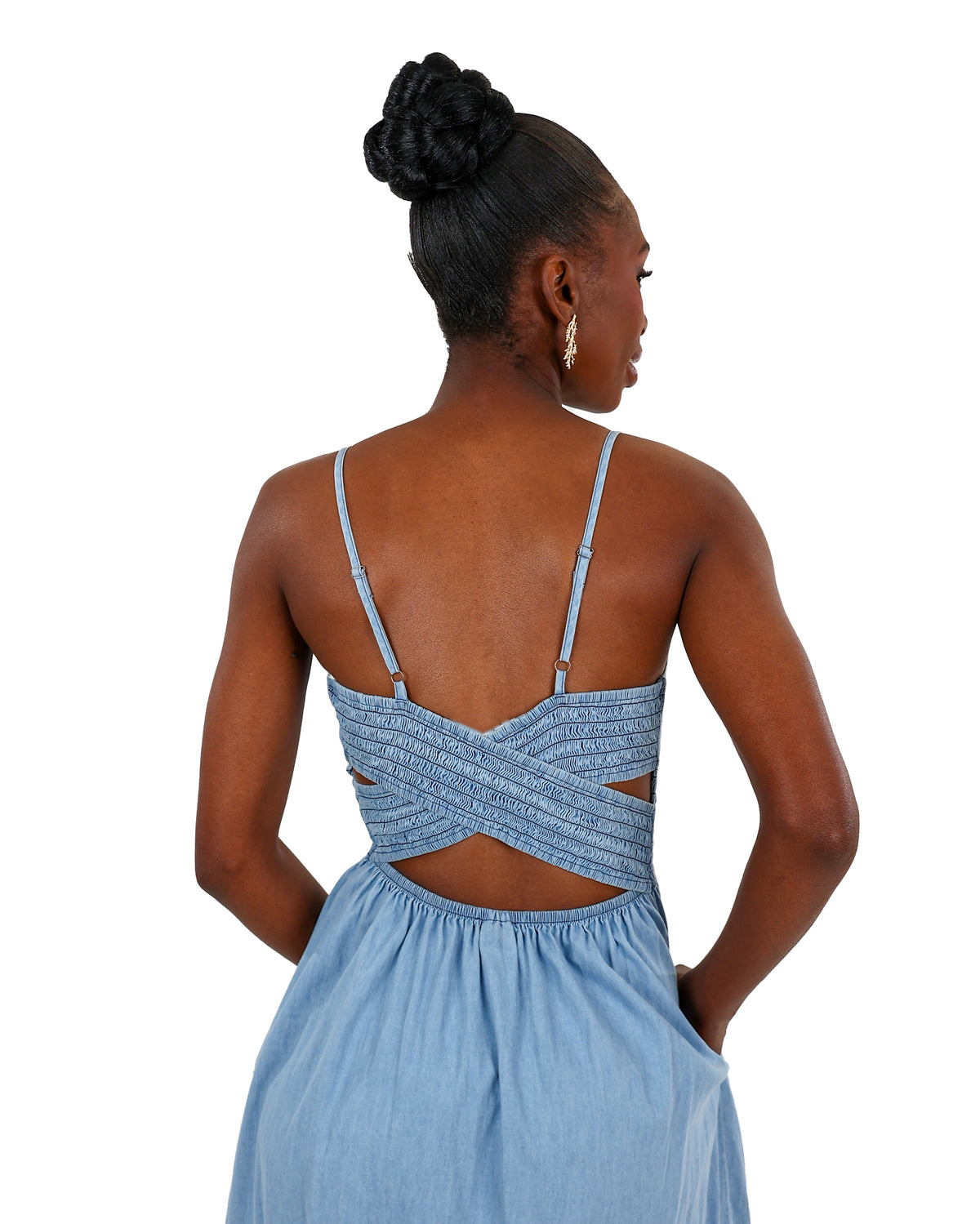 Strappy Smocked Denim Midi Dress