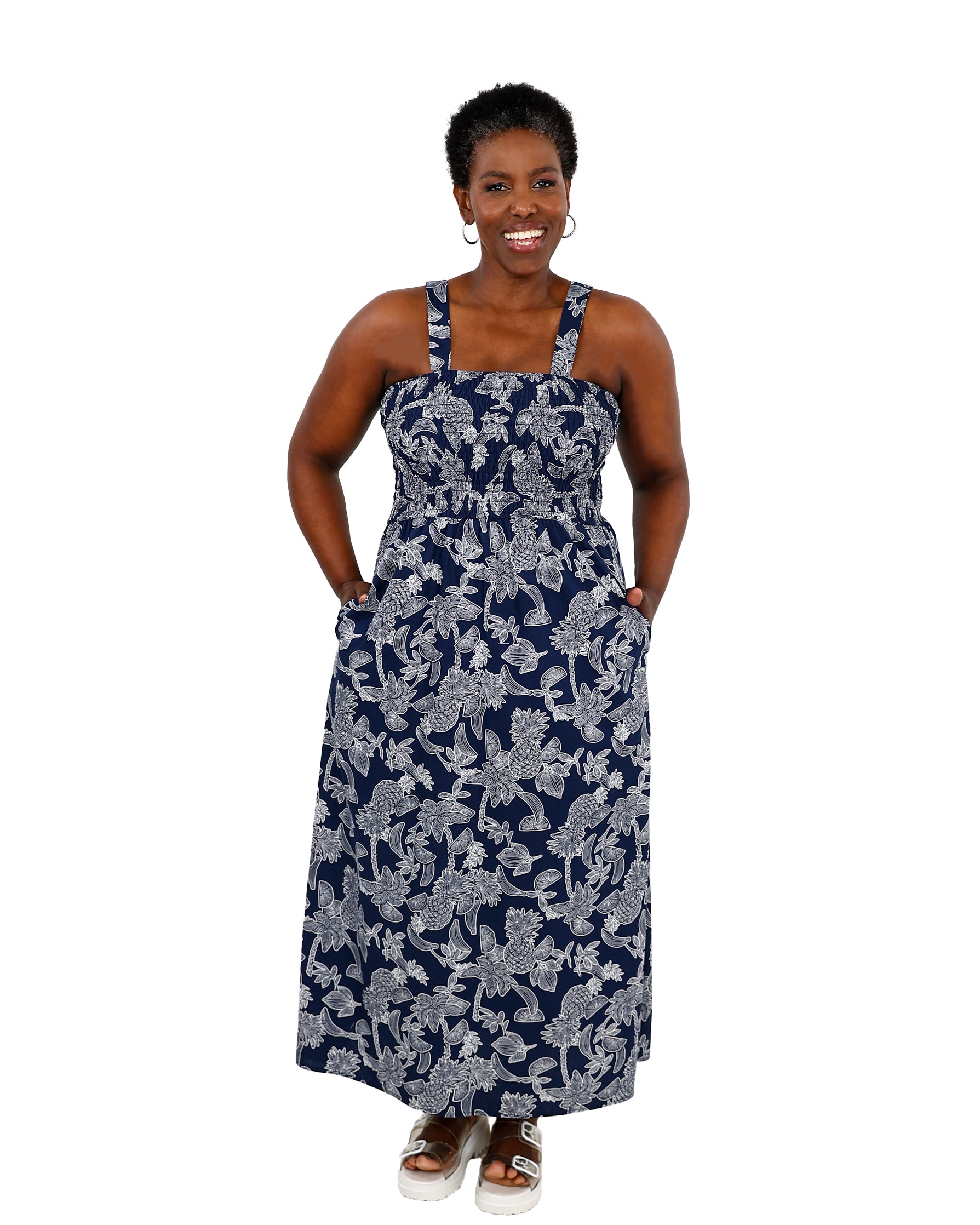 Strappy Navy & White Smocked Maxi Dress