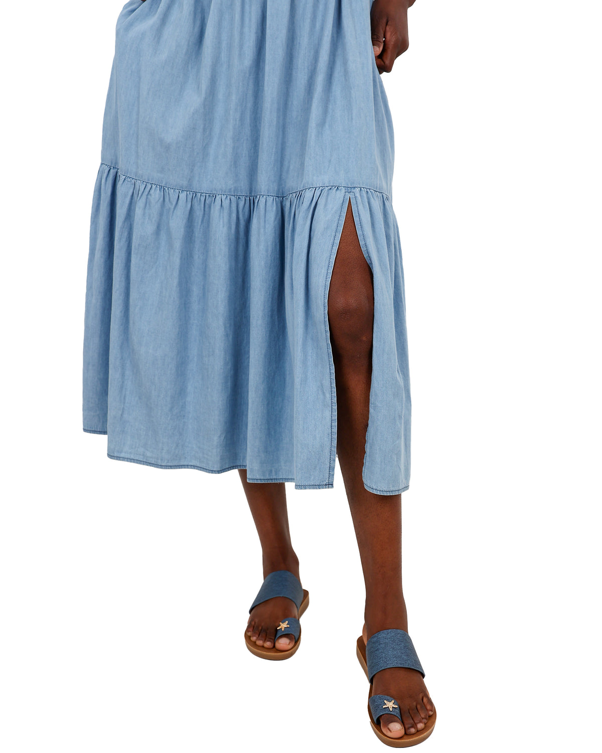 Strappy Smocked Denim Midi Dress