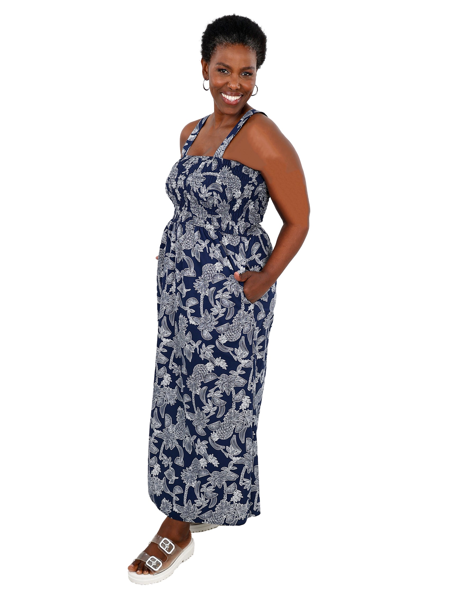 Strappy Navy & White Smocked Maxi Dress