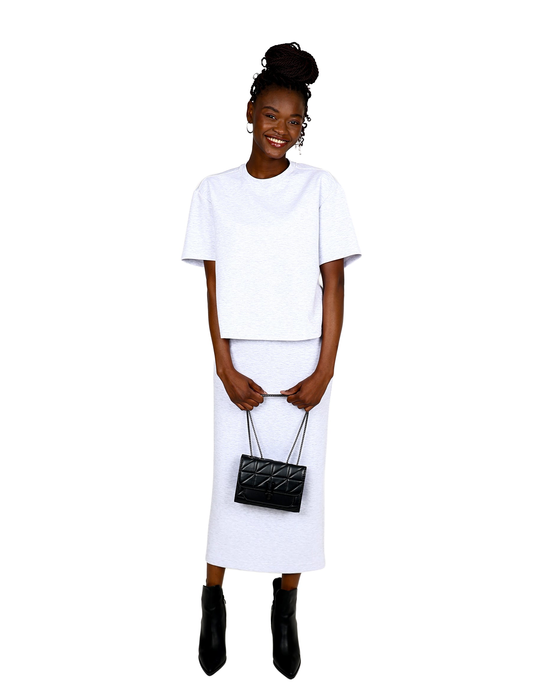 Grey Fitted Scuba Midi Skirt