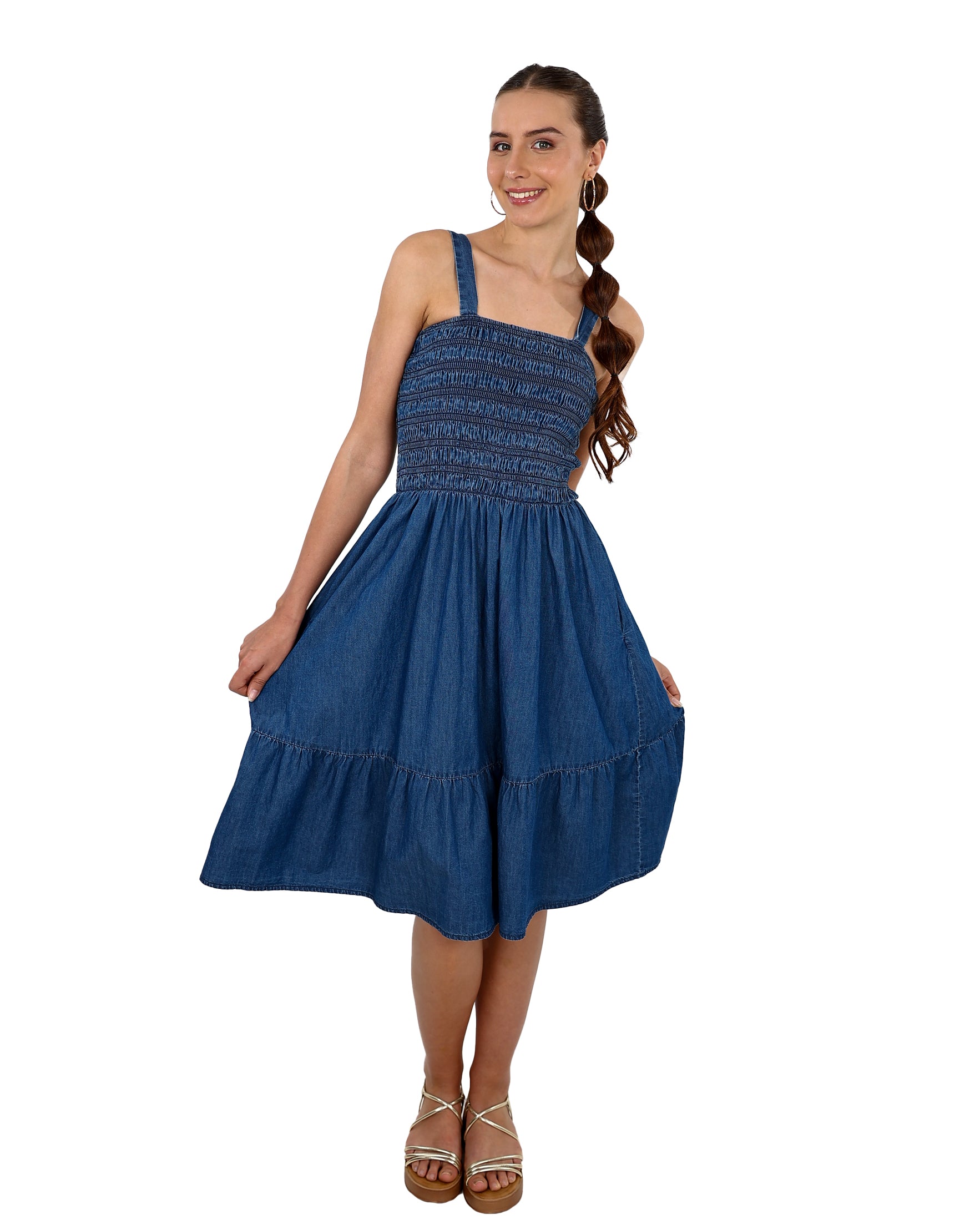 Knee Length Smocked Denim Dress