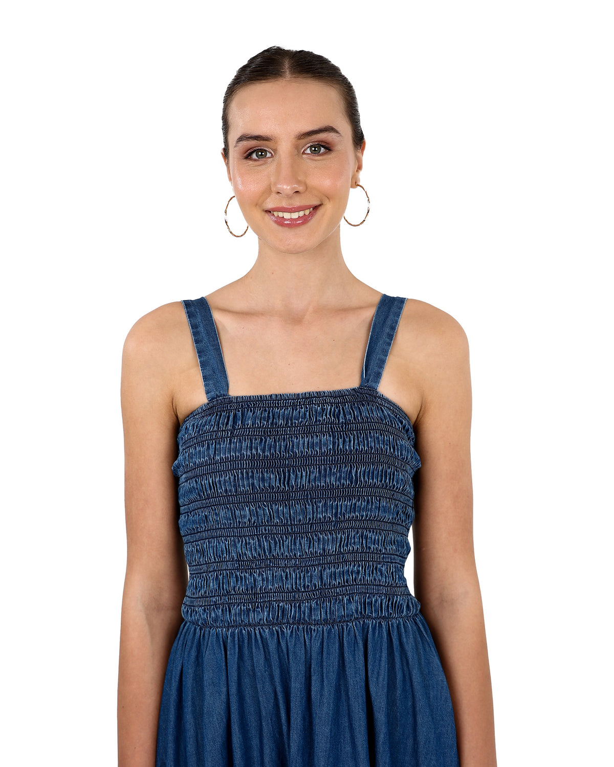 Knee Length Smocked Denim Dress