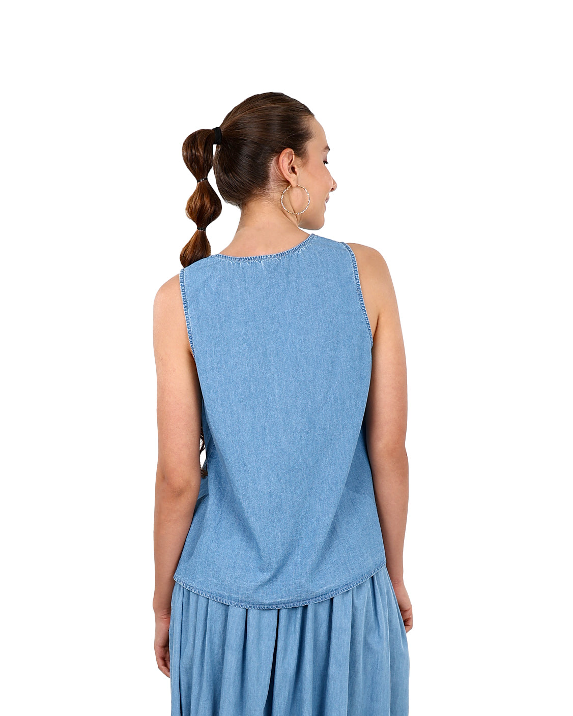 Sleeveless Denim Split Pleat Blouse