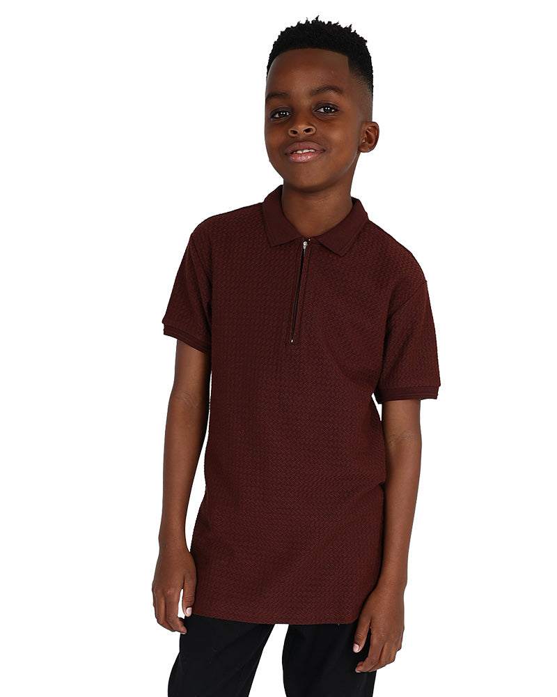 Short Sleeve Brown Zig Zag Jacquard Zip Up Golfer