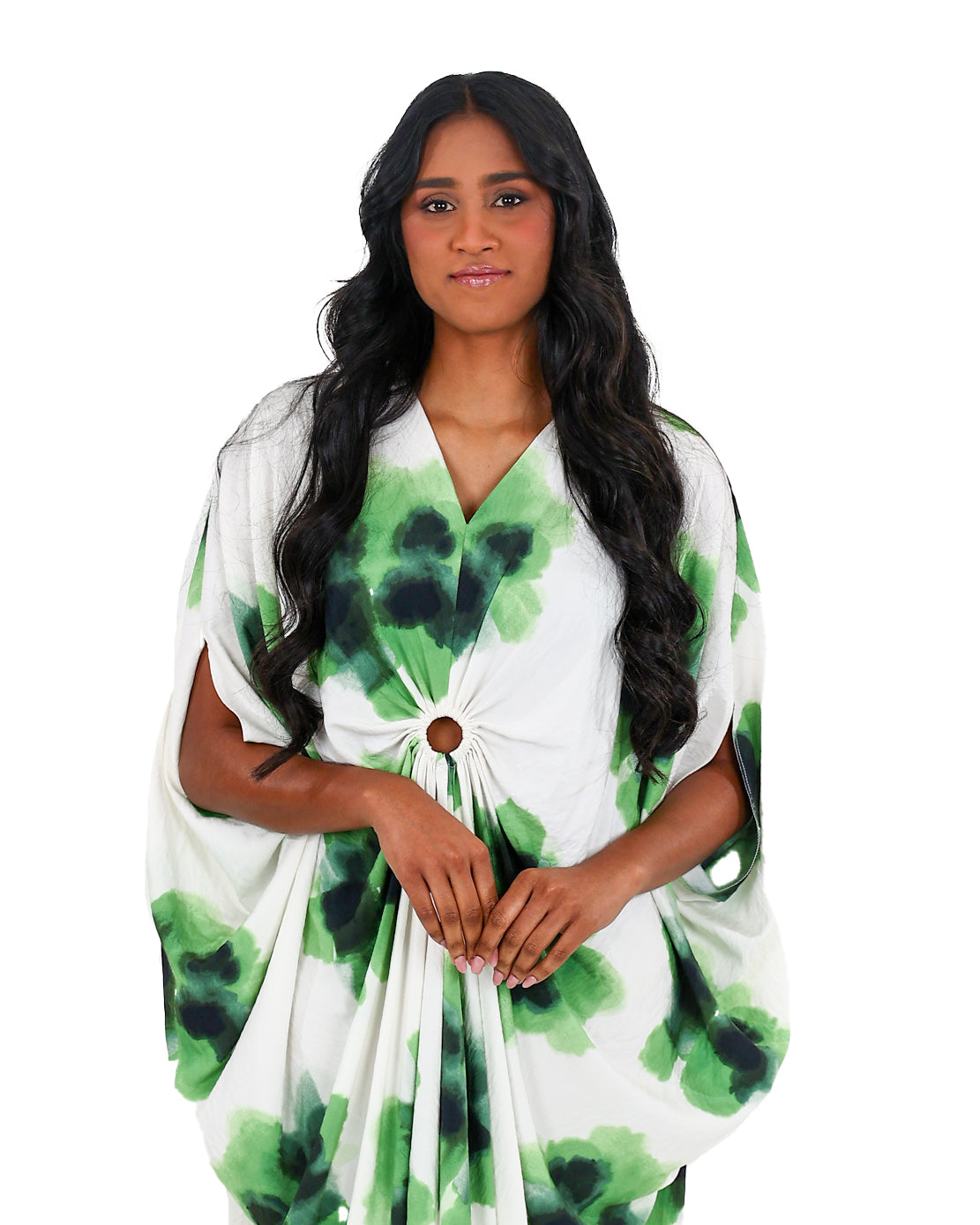 Green Watercolour Floral Kaftan Dress