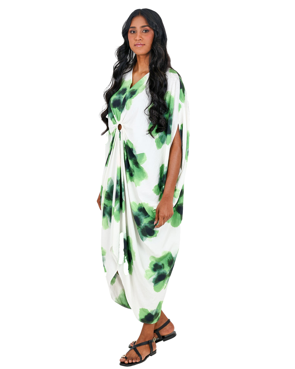 Green Watercolour Floral Kaftan Dress