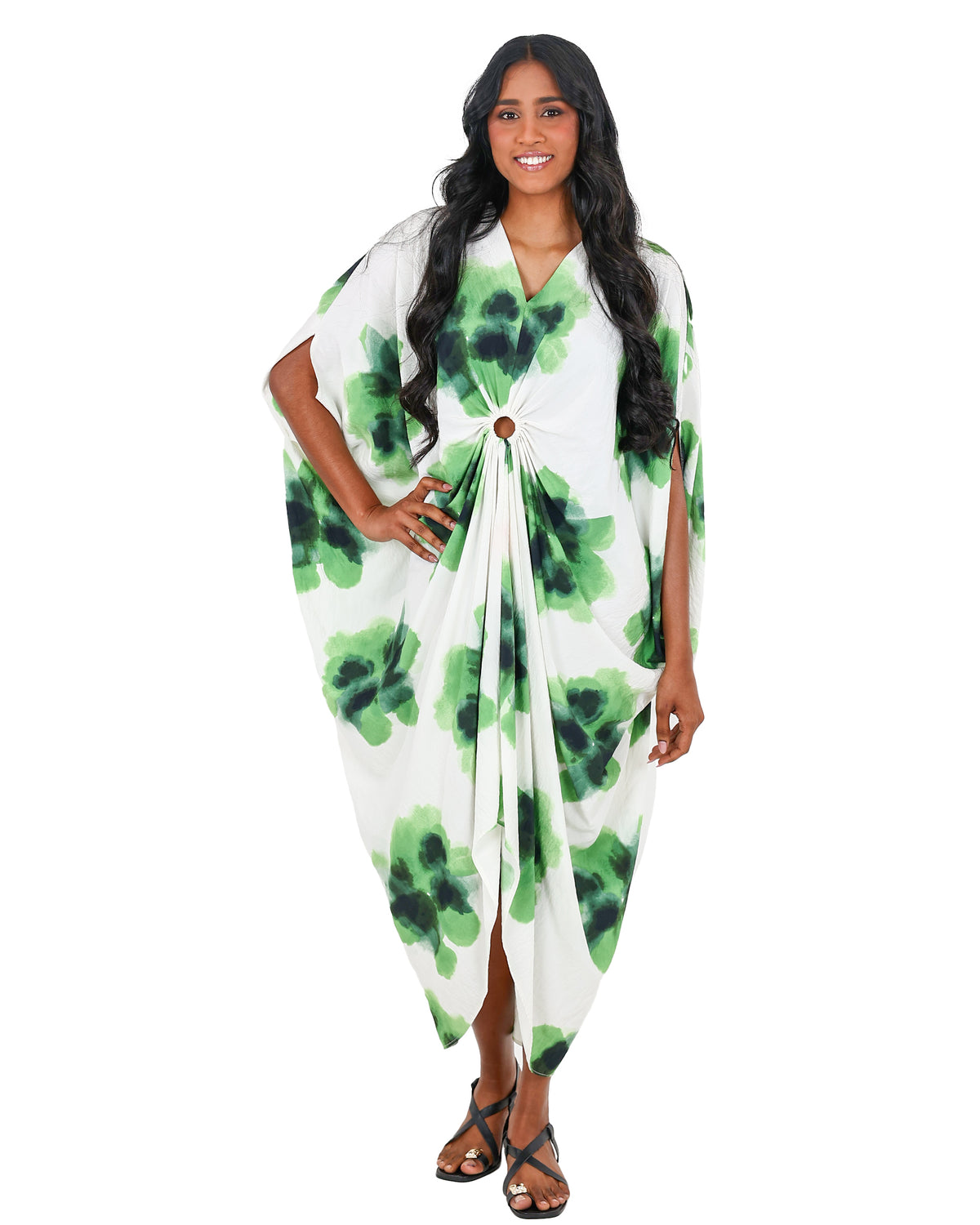 Green Watercolour Floral Kaftan Dress
