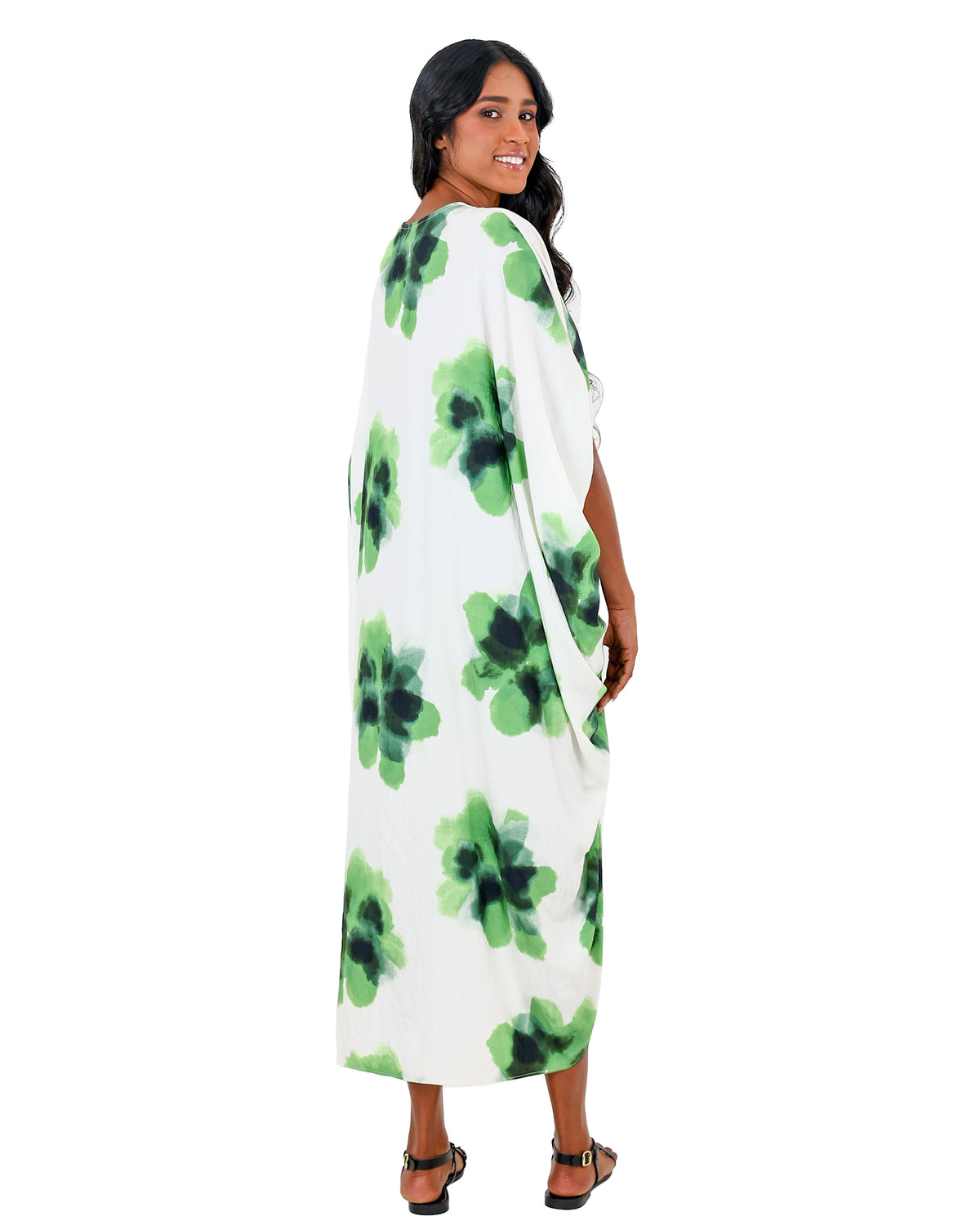 Green Watercolour Floral Kaftan Dress