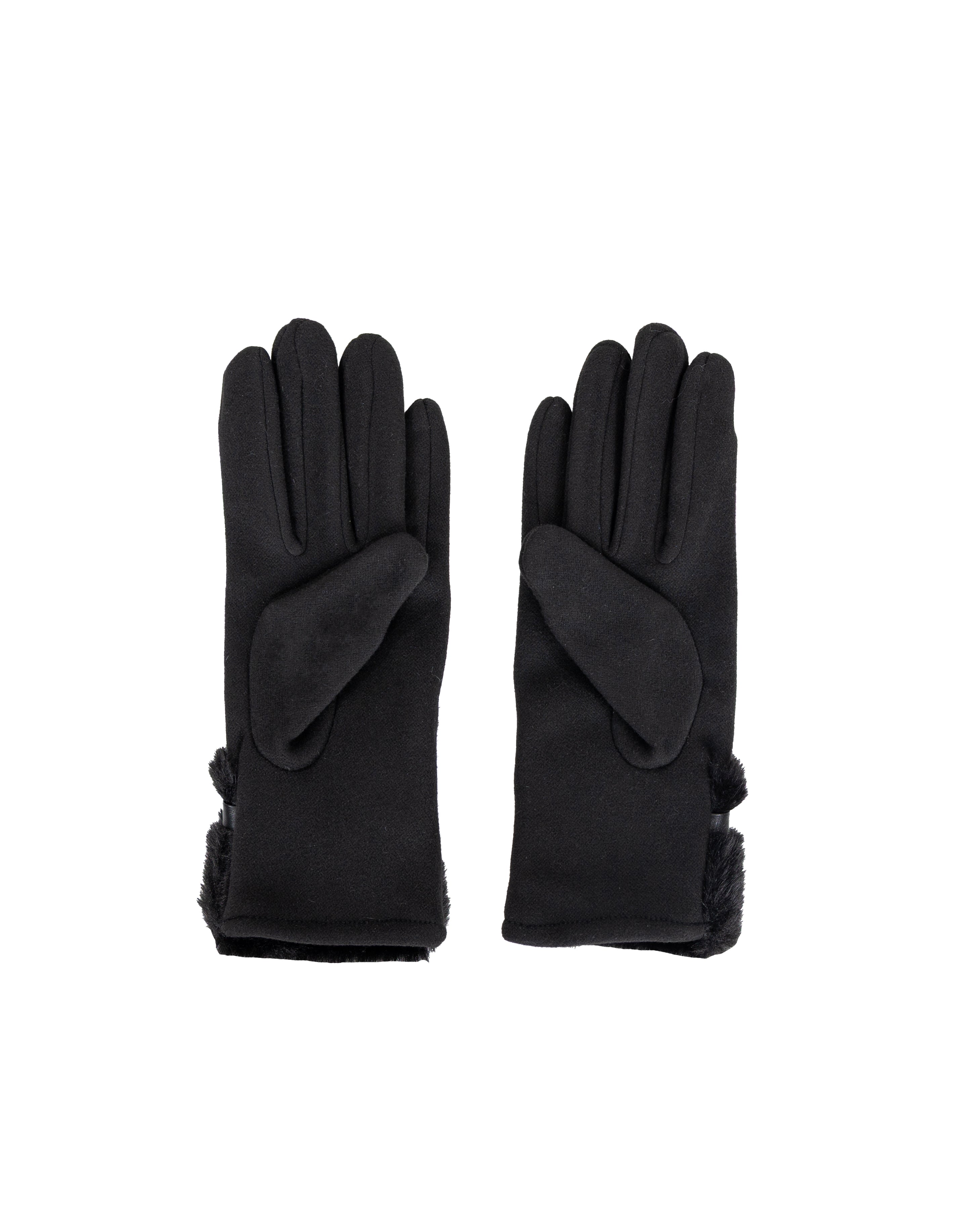 Black Faux Fur Trim Belted Cuff Gloves