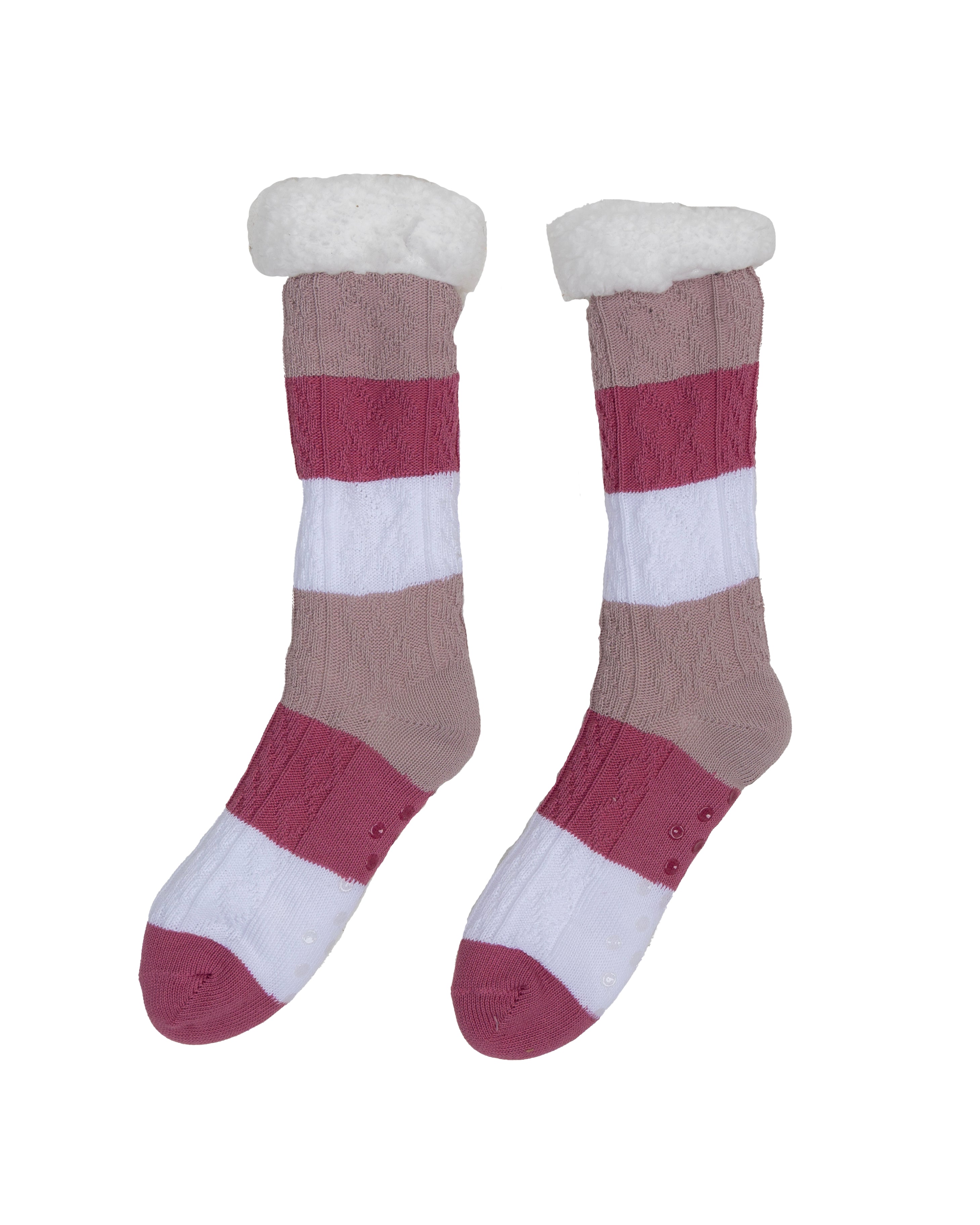 Pink Fur Trim Stripe Slipper Sock