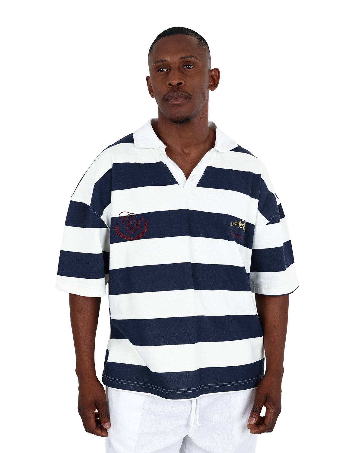 Short Sleeve Navy Stripe Boxy Johnny Collar Golfer