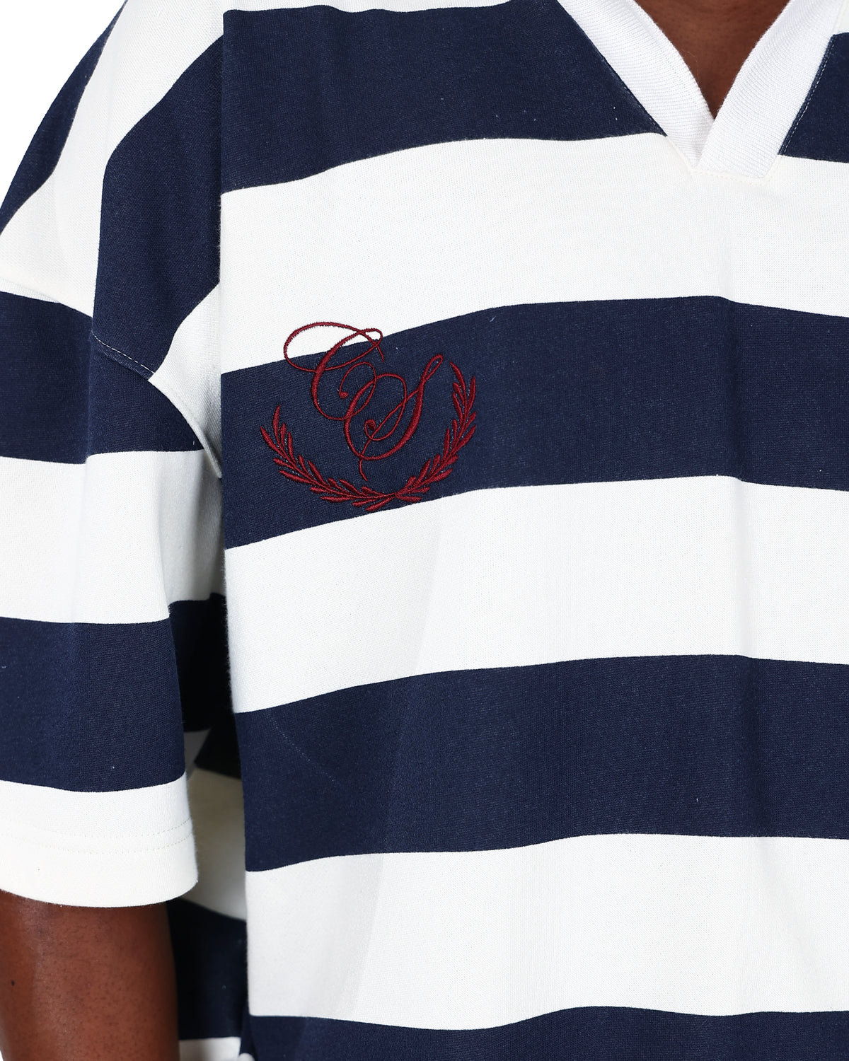 Short Sleeve Navy Stripe Boxy Johnny Collar Golfer