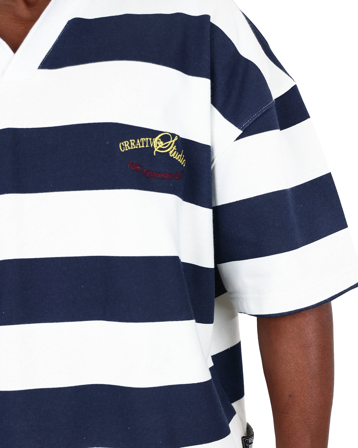 Short Sleeve Navy Stripe Boxy Johnny Collar Golfer