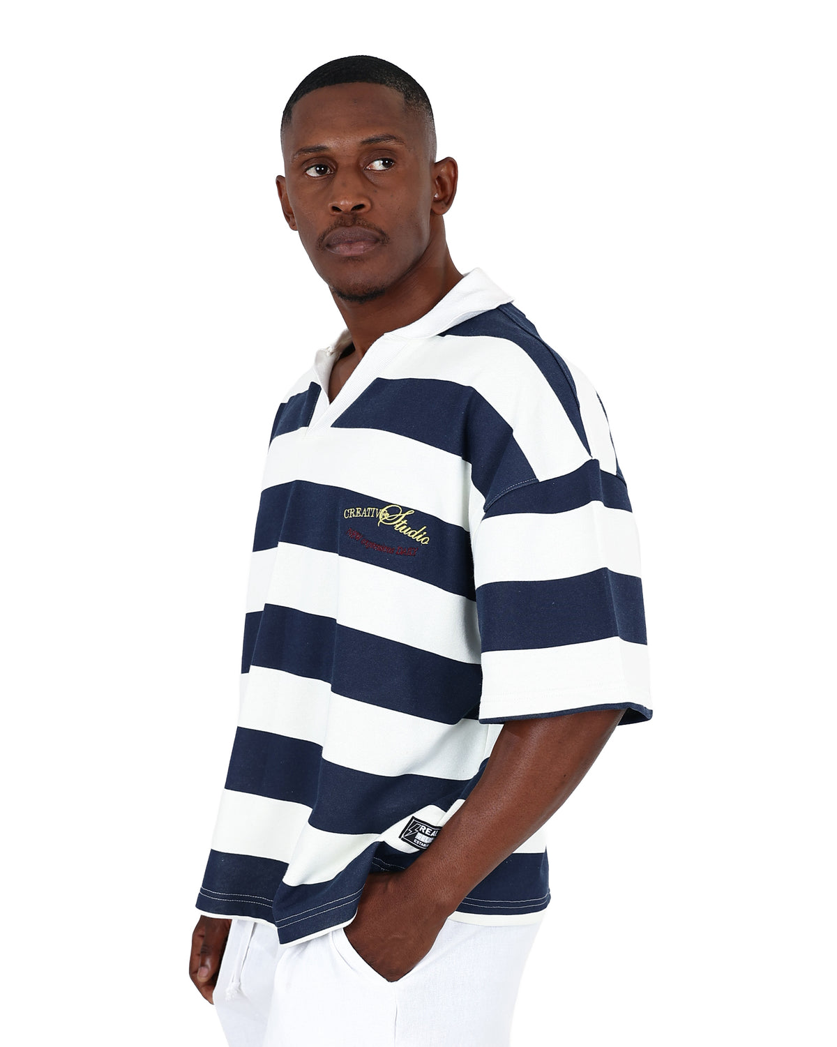 Short Sleeve Navy Stripe Boxy Johnny Collar Golfer