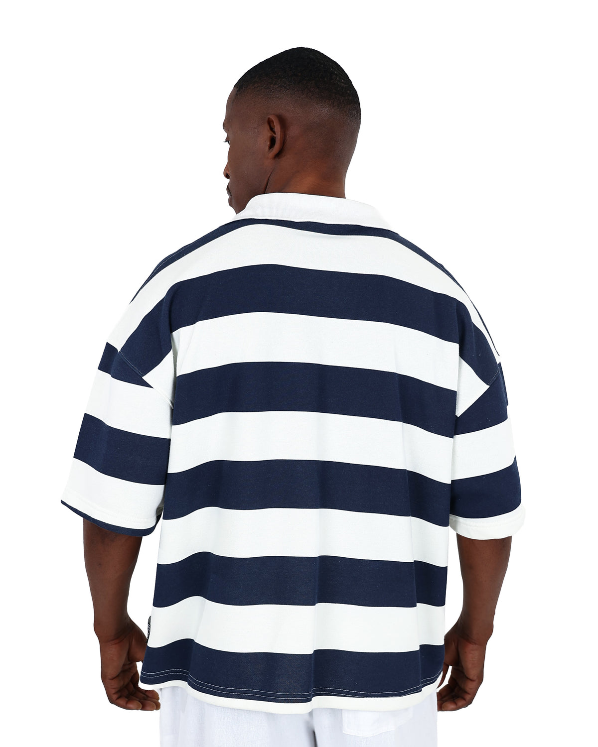 Short Sleeve Navy Stripe Boxy Johnny Collar Golfer