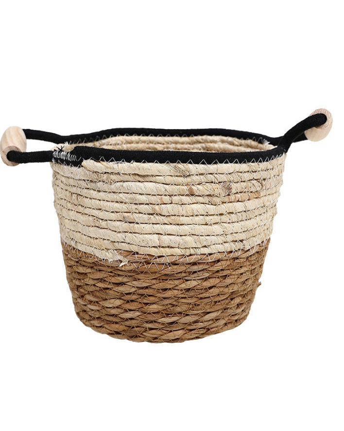 Natural Fibre Large Two Tone Wooden Handle Basket