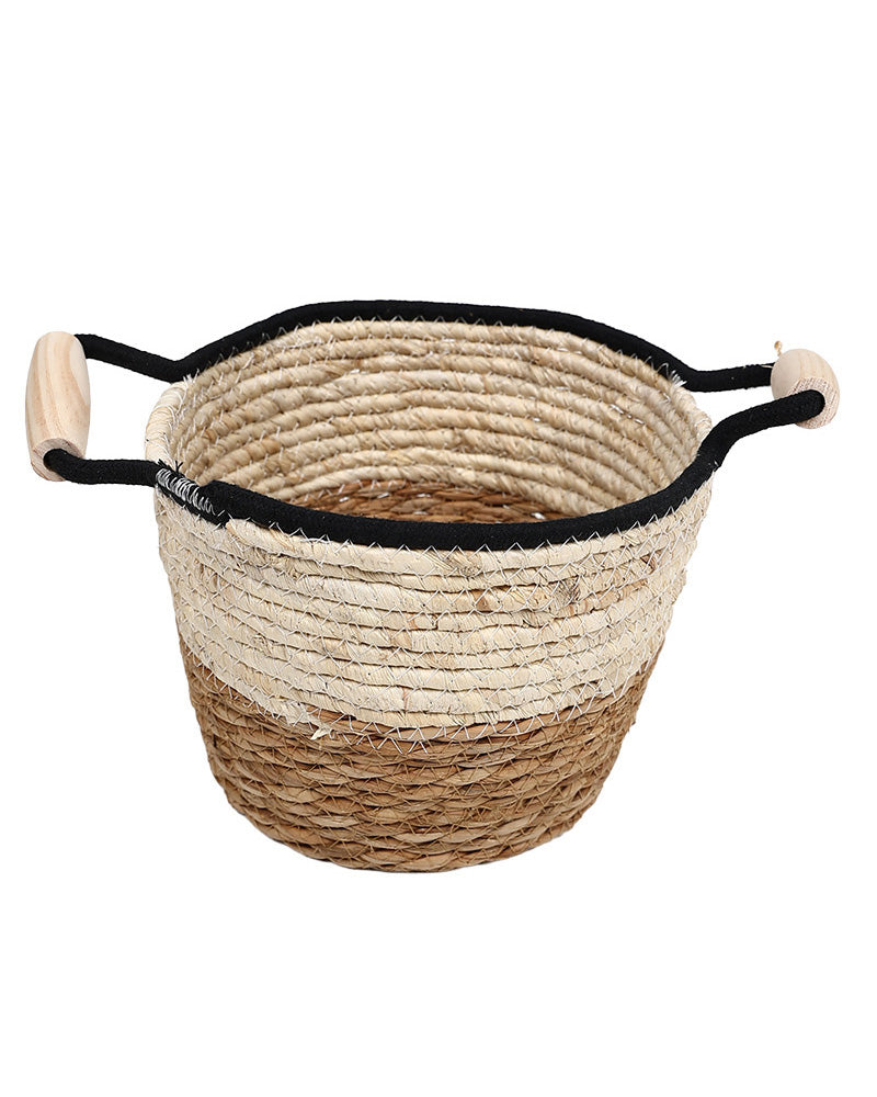 Natural Fibre Medium Two Tone Wooden Handle Basket