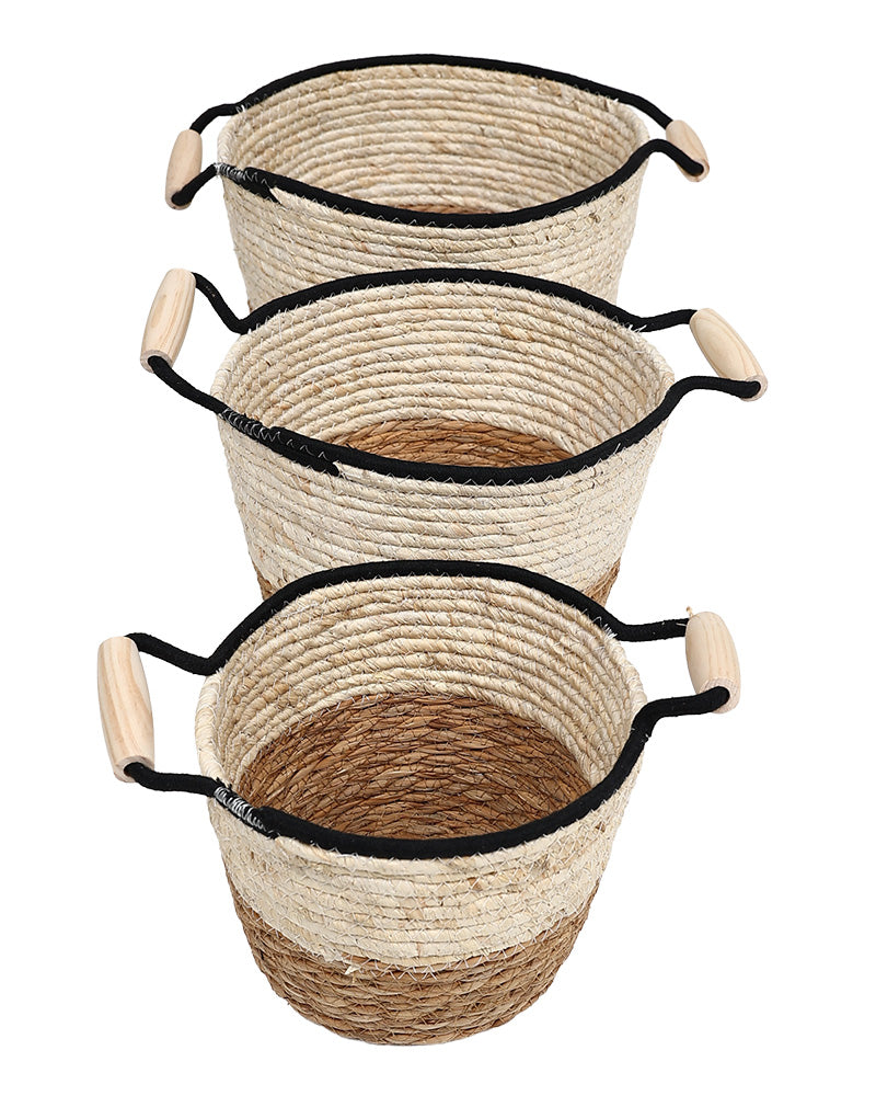 Natural Fibre Large Two Tone Wooden Handle Basket